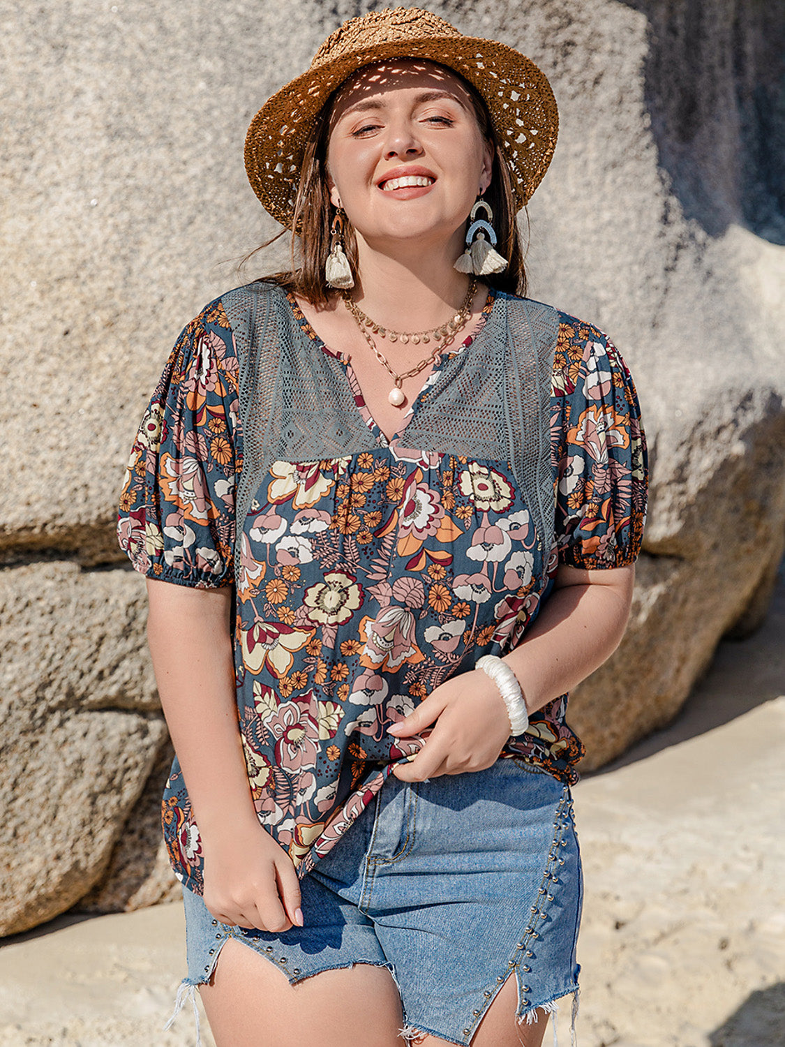 Plus Size Printed Notched Half Sleeve Blouse - Tigbul's Variety Fashion Shop