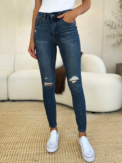 Judy Blue Full Size Mid Waist Distressed Slim Jeans - Tigbul's Variety Fashion Shop