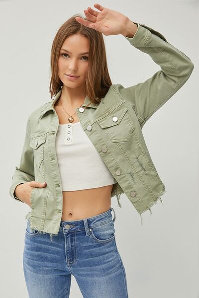 Sage Green Raw Hem Button Up Cropped Denim Jacket Plus Size - Tigbul's Variety Fashion Shop