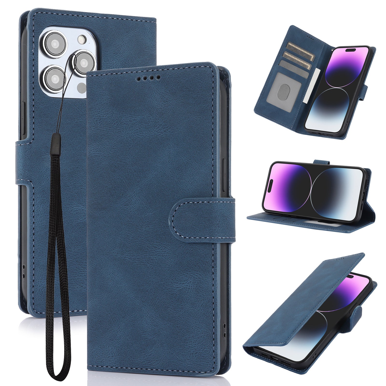 Blaue Handyhülle im Wallet-Stil mit Kartenfach, Klappschutz und Riemen