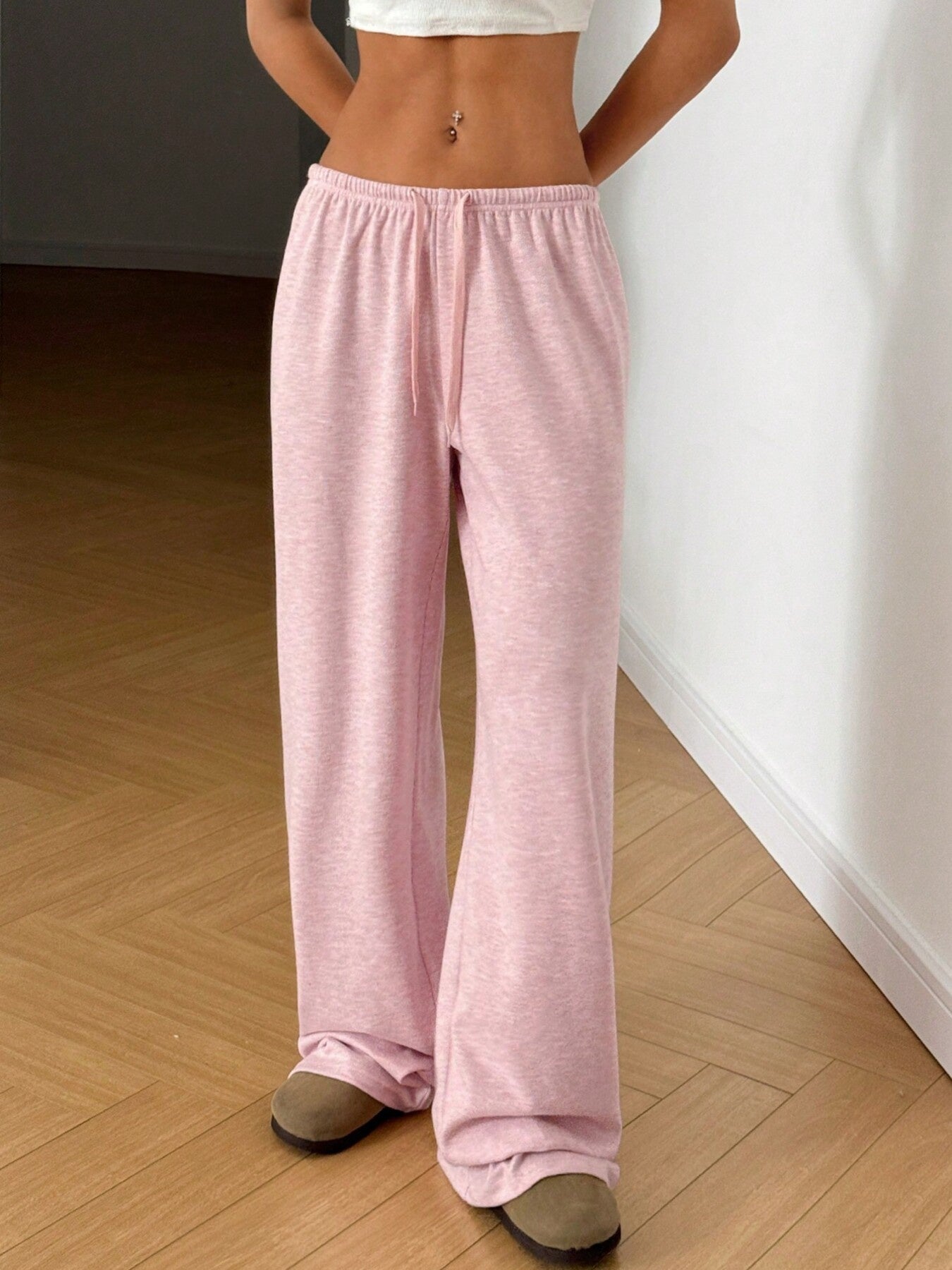 Blush pink relaxed fit drawstring pants, full length wide legs with gathered waistband