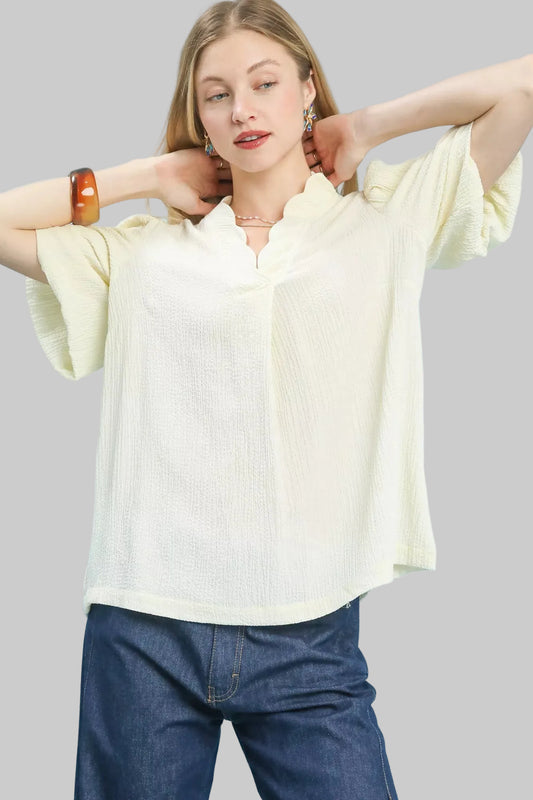 Seersucker Puff Sleeve Ecru Color Blouse - Tigbul's Variety Fashion Shop