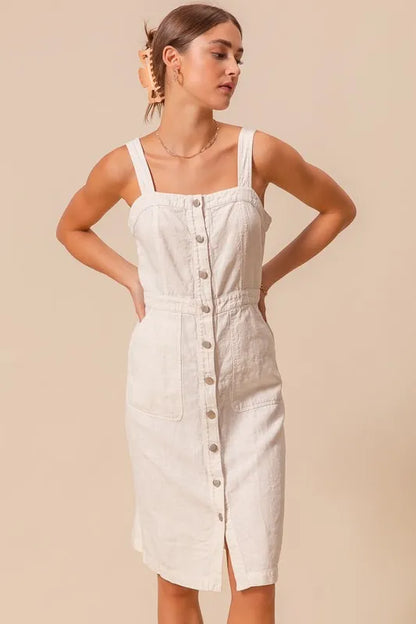 Button Down Pocket Front Off White Pinafore Dress - Tigbul's Variety Fashion Shop