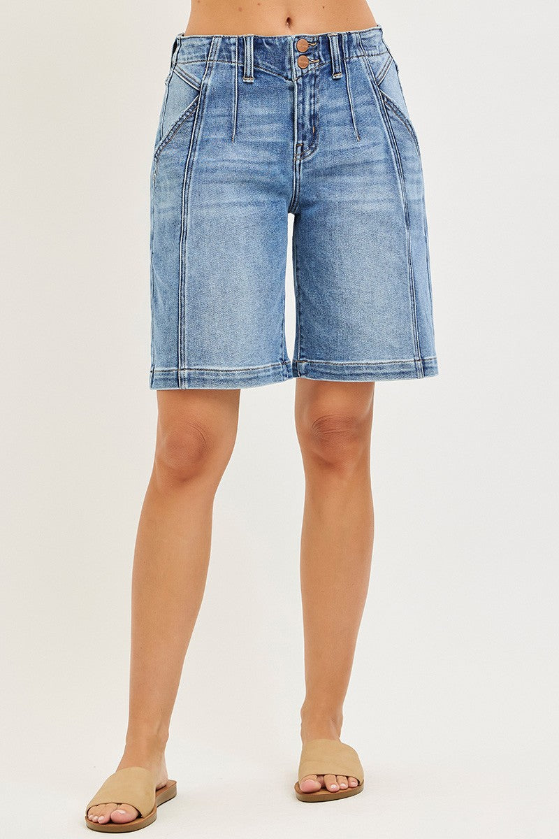 Medium-blue denim shorts, front view with two-button waist and cuffed hems