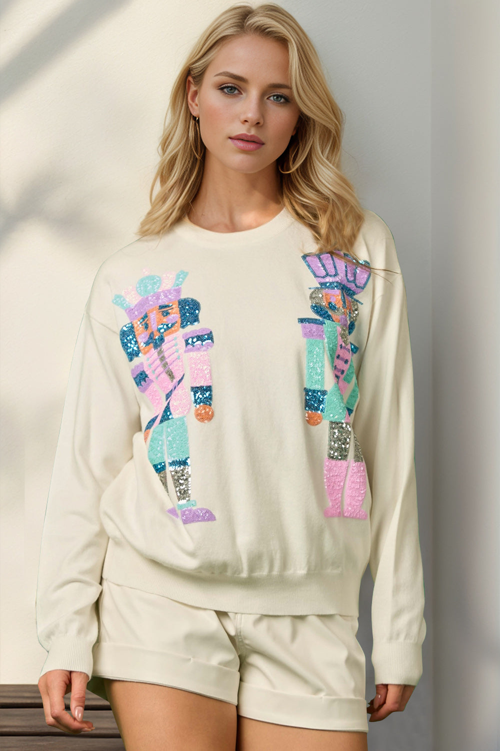 Double Take Full Size Sequin Nutcracker Long Sleeve Sweater - Tigbul's Variety Fashion Shop