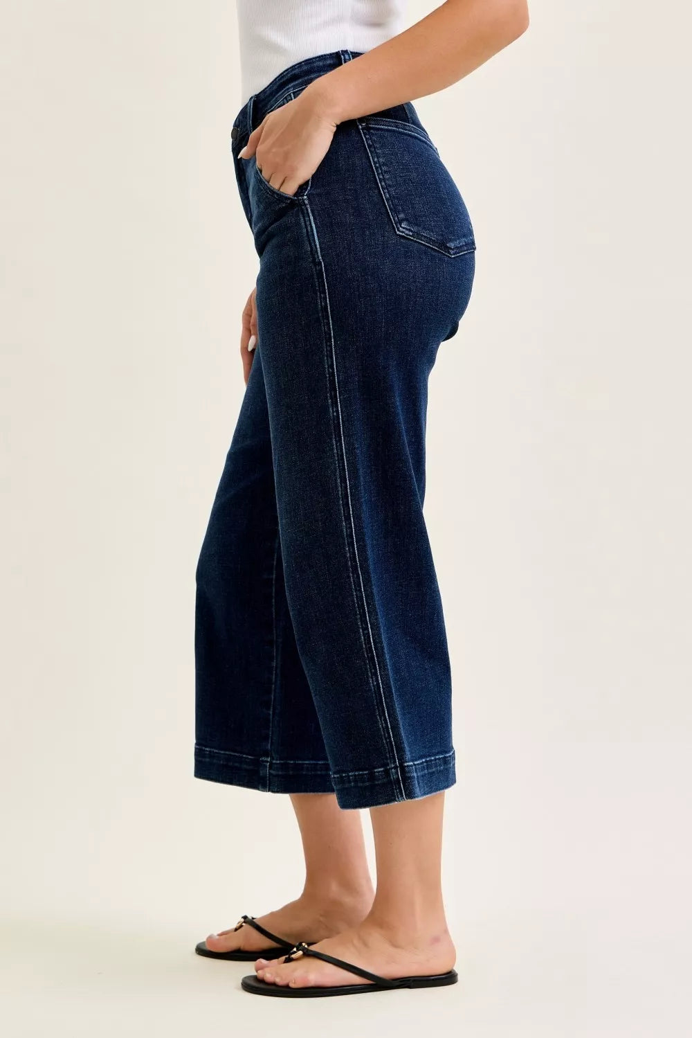 Dark blue high-waist wide-leg ankle jeans, back/side view with back yoke seam