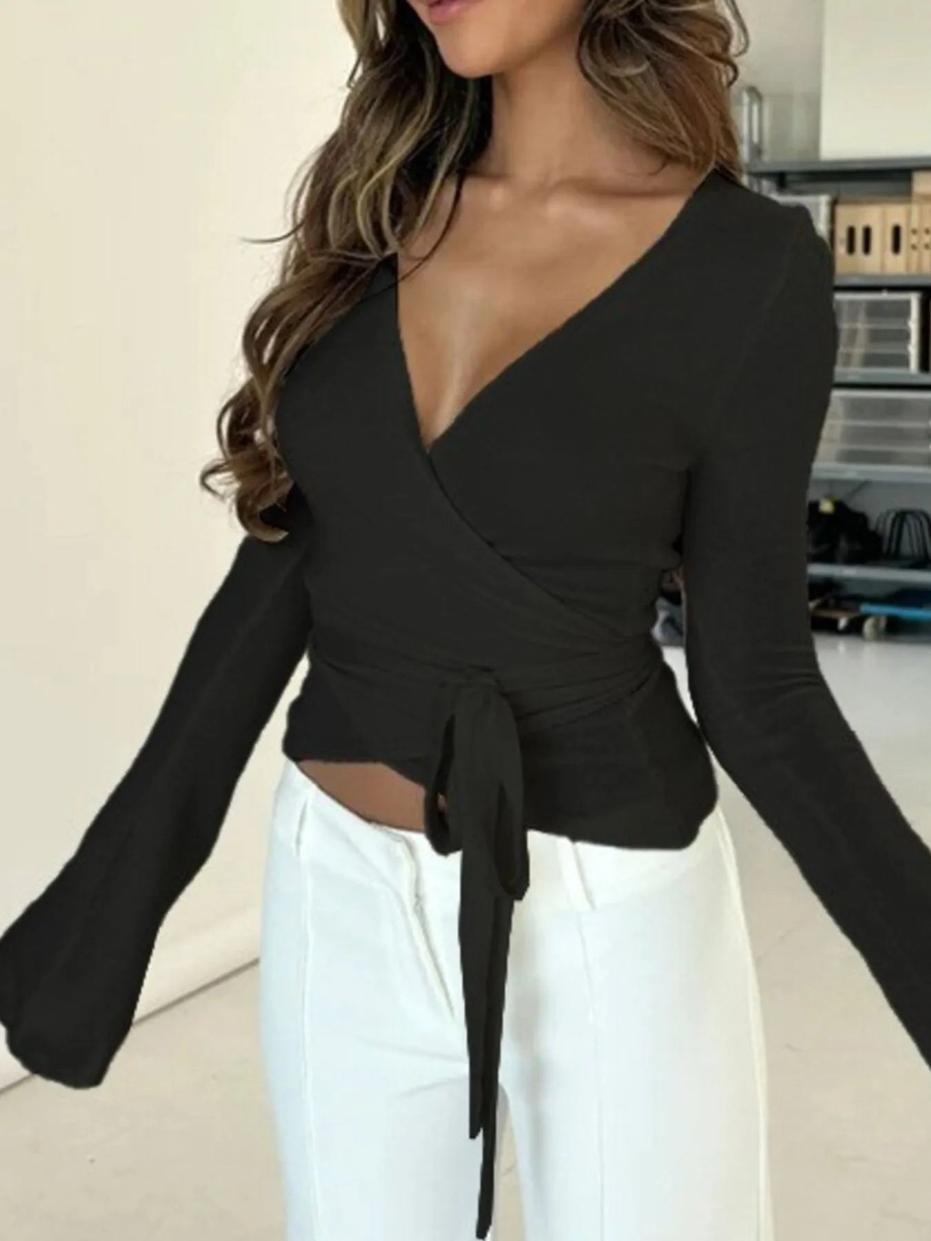 Surplice Long Sleeve Ruched Top - Tigbul's Variety Fashion Shop
