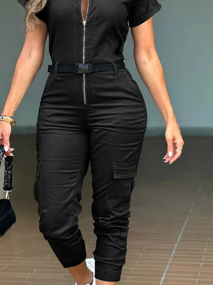 Zip Front Short Sleeve Jumpsuit - Tigbul's Variety Fashion Shop
