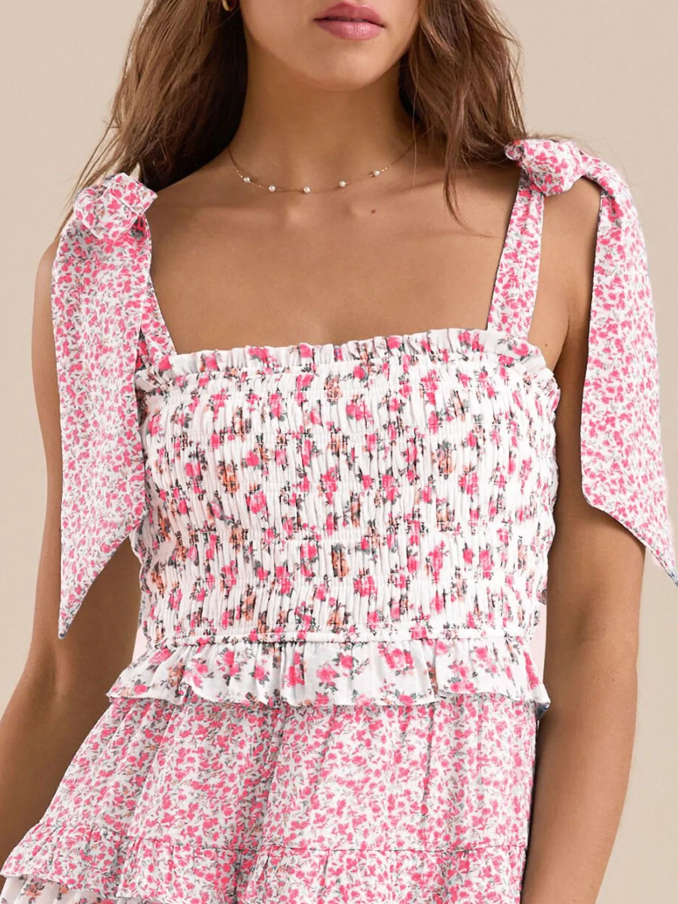 Floral Smocked Tie-Shoulder Summer Dress - Tigbul's Variety Fashion Shop