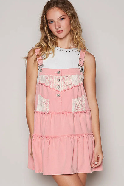 POL Lace Patchwork Detail Denim Overall Dress - Tigbul's Variety Fashion Shop