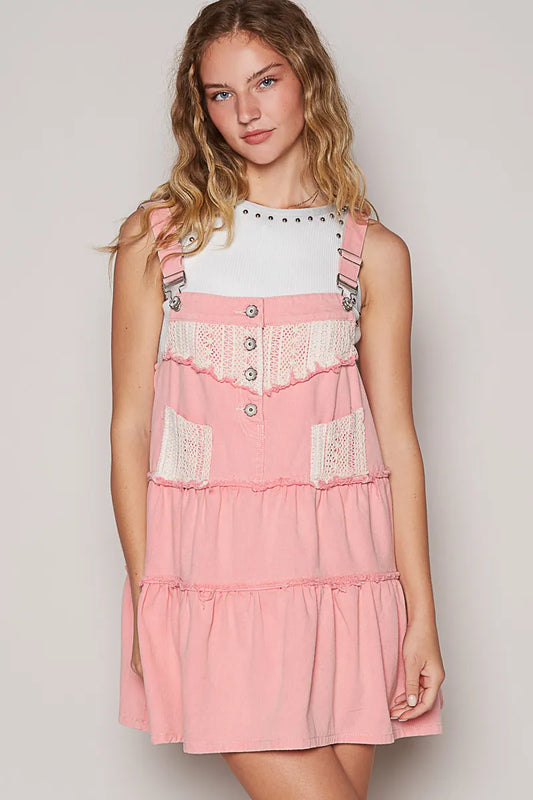 POL Lace Patchwork Detail Denim Overall Dress - Tigbul's Variety Fashion Shop