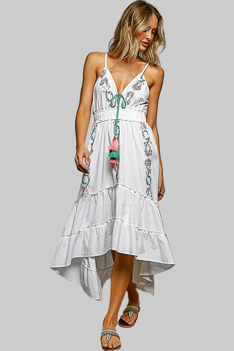 Embroidered Detail Tassel Tie Smocked Waist Midi Tiered Cami Dress | Tigbuls