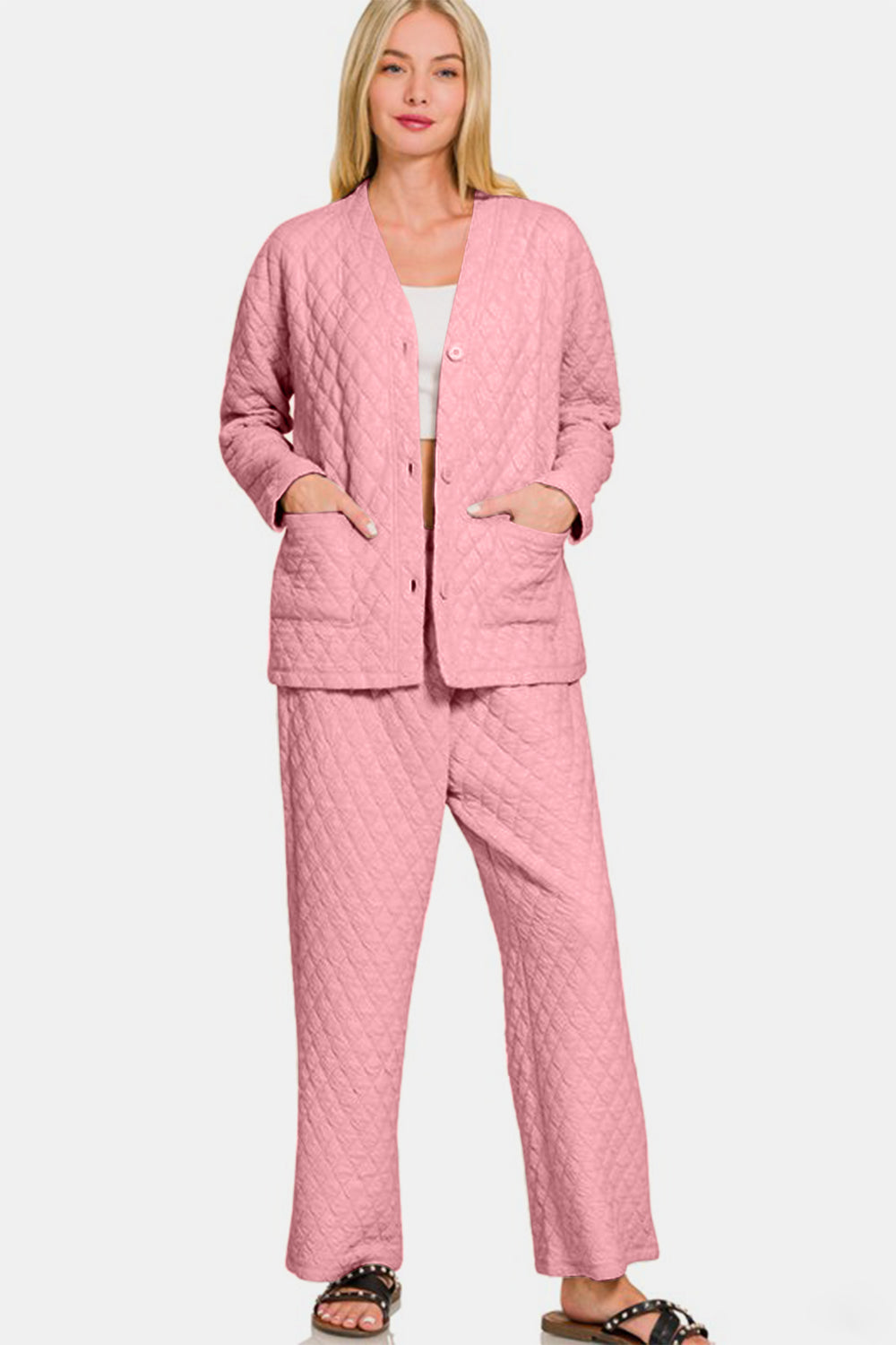 Zenana Quilted Button Up Long Sleeve Top and Pants Lounge Set - Tigbul's Variety Fashion Shop