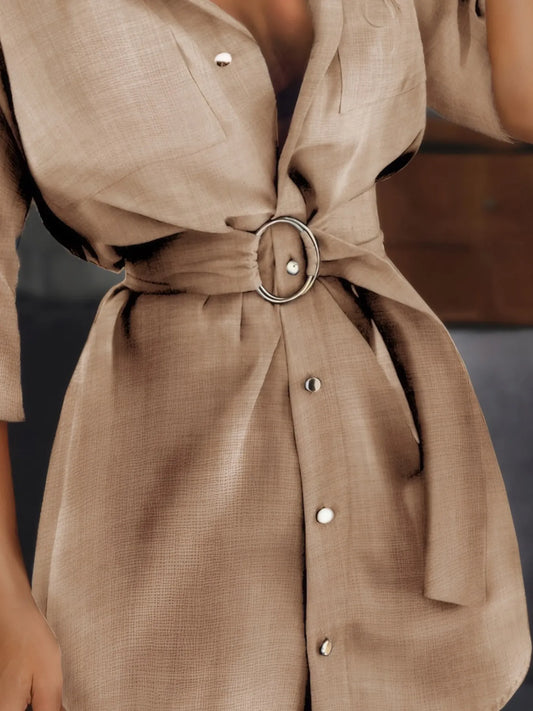 Button-Front Belted Shirt Dress - Tigbul's Variety Fashion Shop