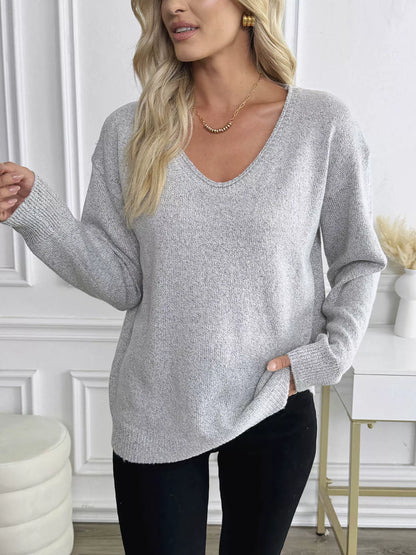 V-Neck Long Sleeve Knit Top - Tigbul's Variety Fashion Shop
