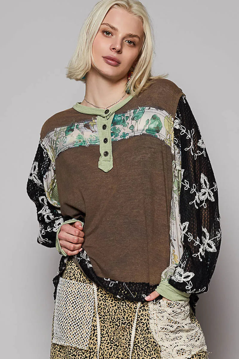 POL Button Detail Floral Patchwork Crochet Sleeve Blouse - Tigbul's Variety Fashion Shop