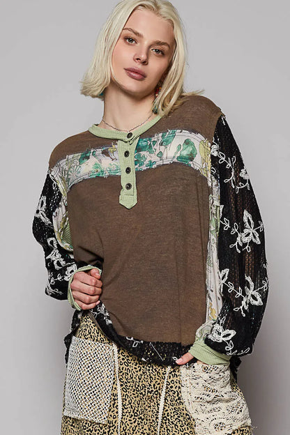 POL Button Detail Floral Patchwork Crochet Sleeve Blouse - Tigbul's Variety Fashion Shop