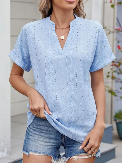 Eyelet Notched Short Sleeve Top - Tigbul's Variety Fashion Shop