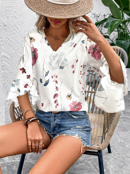 Ruffled Printed V-Neck Half Sleeve Blouse - Tigbul's Variety Fashion Shop