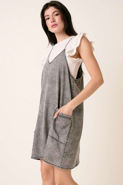 Gray Washed Patch Pocket Mini Cami Denim Dress - Tigbul's Variety Fashion Shop