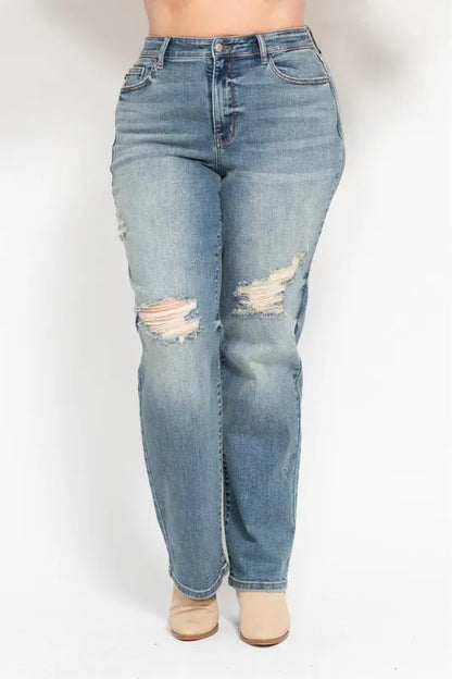 Judy Blue Full Size High Waist Distressed Dad Jean Plus Size - Tigbul's Variety Fashion Shop