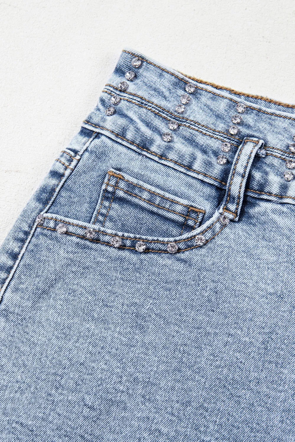 Rhinestone Light Wash Raw Hem High Waist Denim Shorts - Tigbul's Variety Fashion Shop