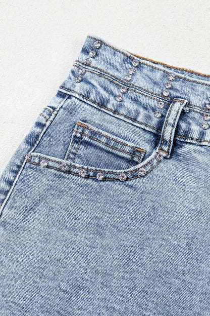 Rhinestone Light Wash Raw Hem High Waist Denim Shorts - Tigbul's Variety Fashion Shop