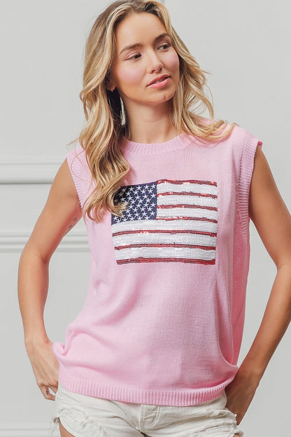 American Flag Sequins Patch Sleeveless Pink Knit Top | Tigbuls