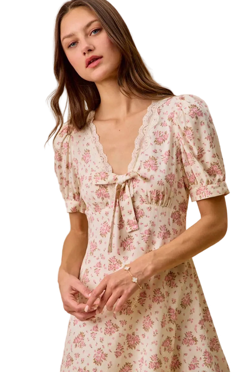 Cream floral lace-trim mini dress, bow-front V-neck and short puff sleeves