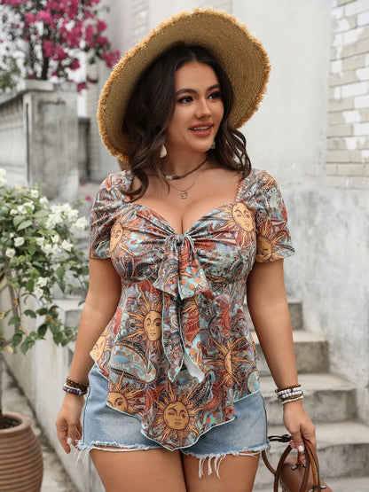 Plus Size Printed Sweetheart Neck Short Sleeve Blouse - Tigbul's Variety Fashion Shop