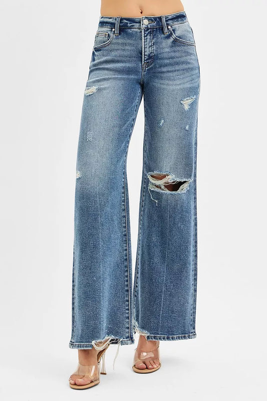 RISEN Tummy Control Mid Rise Fit Wide Jeans - Tigbul's Variety Fashion Shop