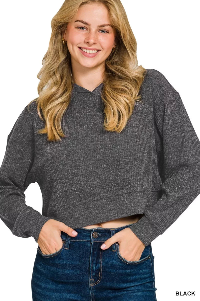 Zenana Drop Shoulder Ribbed Crop Hoodie - Tigbul's Variety Fashion Shop