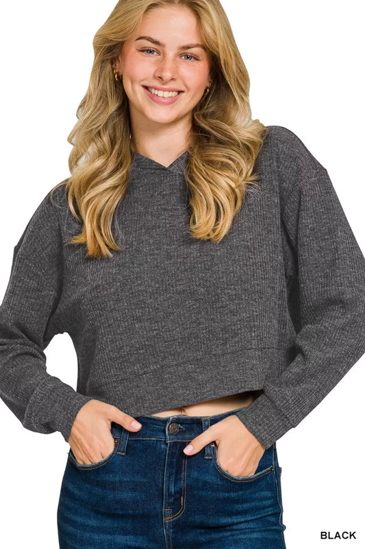 Zenana Drop Shoulder Ribbed Crop Hoodie - Tigbul's Variety Fashion Shop