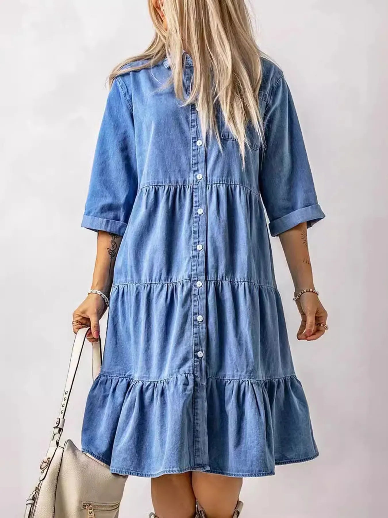 Full Size Ruffled Hem Button Up Denim Midi Dress Plus Size - Tigbul's Variety Fashion Shop