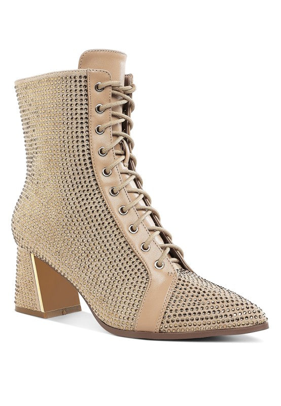 Beige ankle boots: rhinestone mesh with lace-up front and side zipper