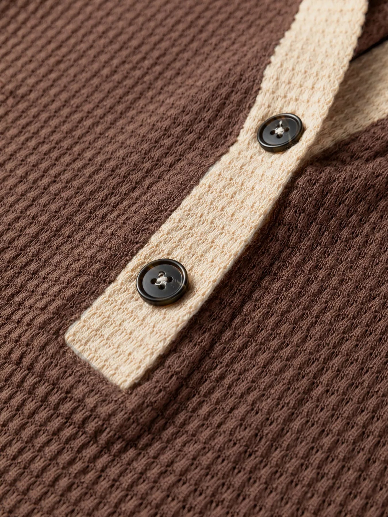 Waffle Contrast Half Buttoned Hooded Pullover Top - Tigbul's Variety Fashion Shop