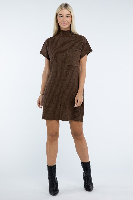 Mock Neck Short Sleeve Sweater Dress with Pocket - Tigbul's Variety Fashion Shop