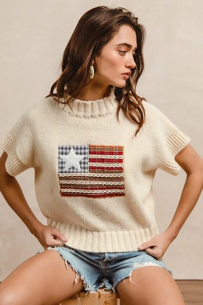 BiBi American Flag Patchwork Drop Shoulder Sweater - Tigbul's Variety Fashion Shop