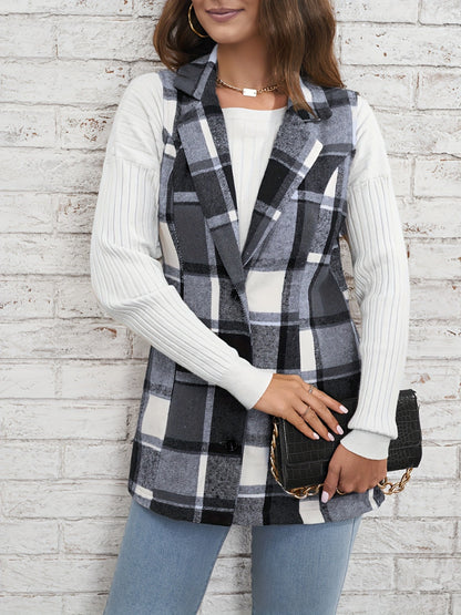 Plaid Button Down Vest Coat - Tigbul's Variety Fashion Shop