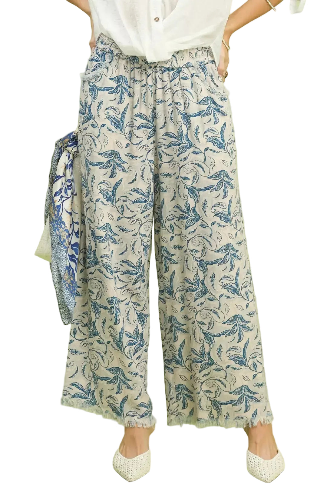 Linen wide-leg pants with ocean blue botanical print and elastic waistband