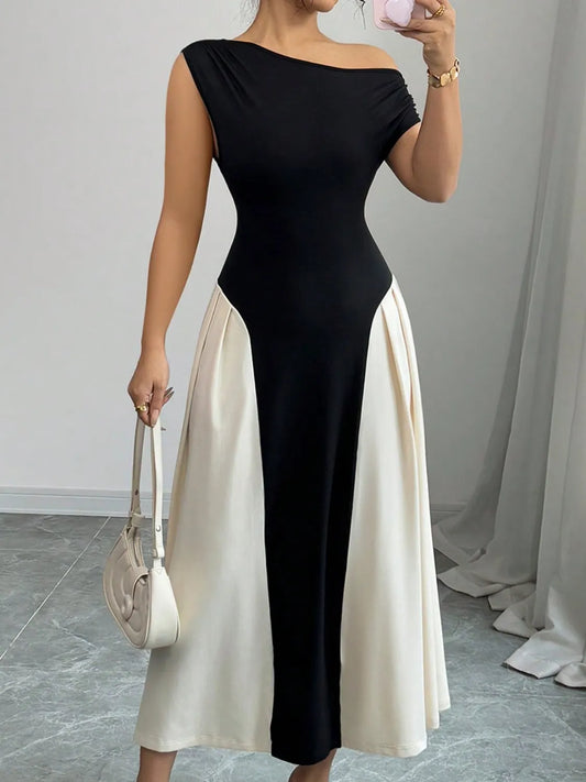 Contrast Single Shoulder Midi Dress - Tigbul's Variety Fashion Shop
