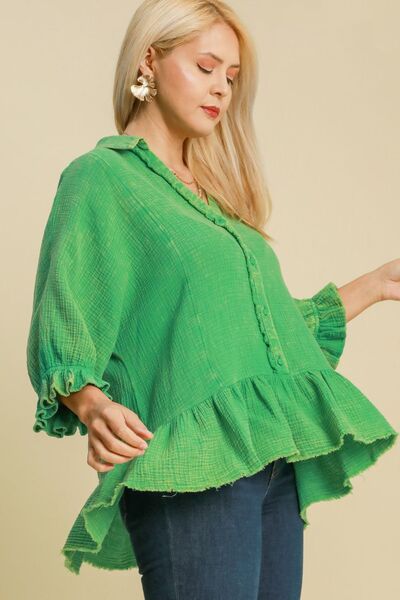 Green Mineral Washed Cotton Gauze Top - Tigbul's Variety Fashion Shop