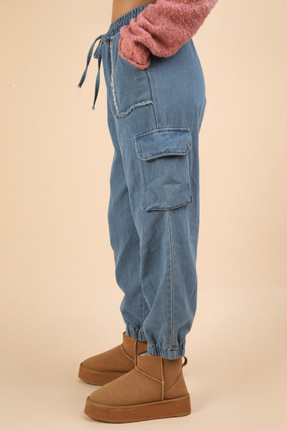 VERY J Washed Drawstring Jogger Cargo Jeans - Tigbul's Variety Fashion Shop