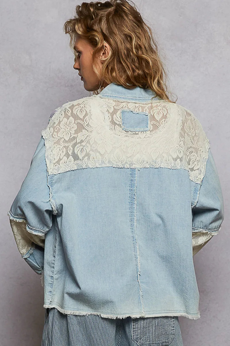 POL Printed Woven Mix Raw Hem Jacket with Lace Detail - Tigbul's Variety Fashion Shop