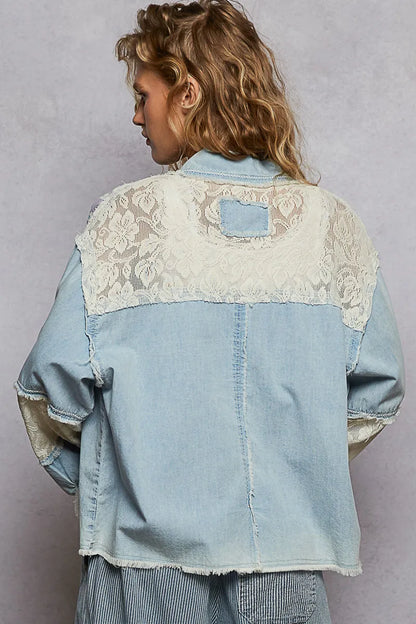 POL Printed Woven Mix Raw Hem Jacket with Lace Detail - Tigbul's Variety Fashion Shop