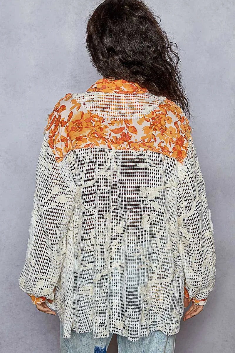 POL Floral Print Crochet Button Up Shirt - Tigbul's Variety Fashion Shop