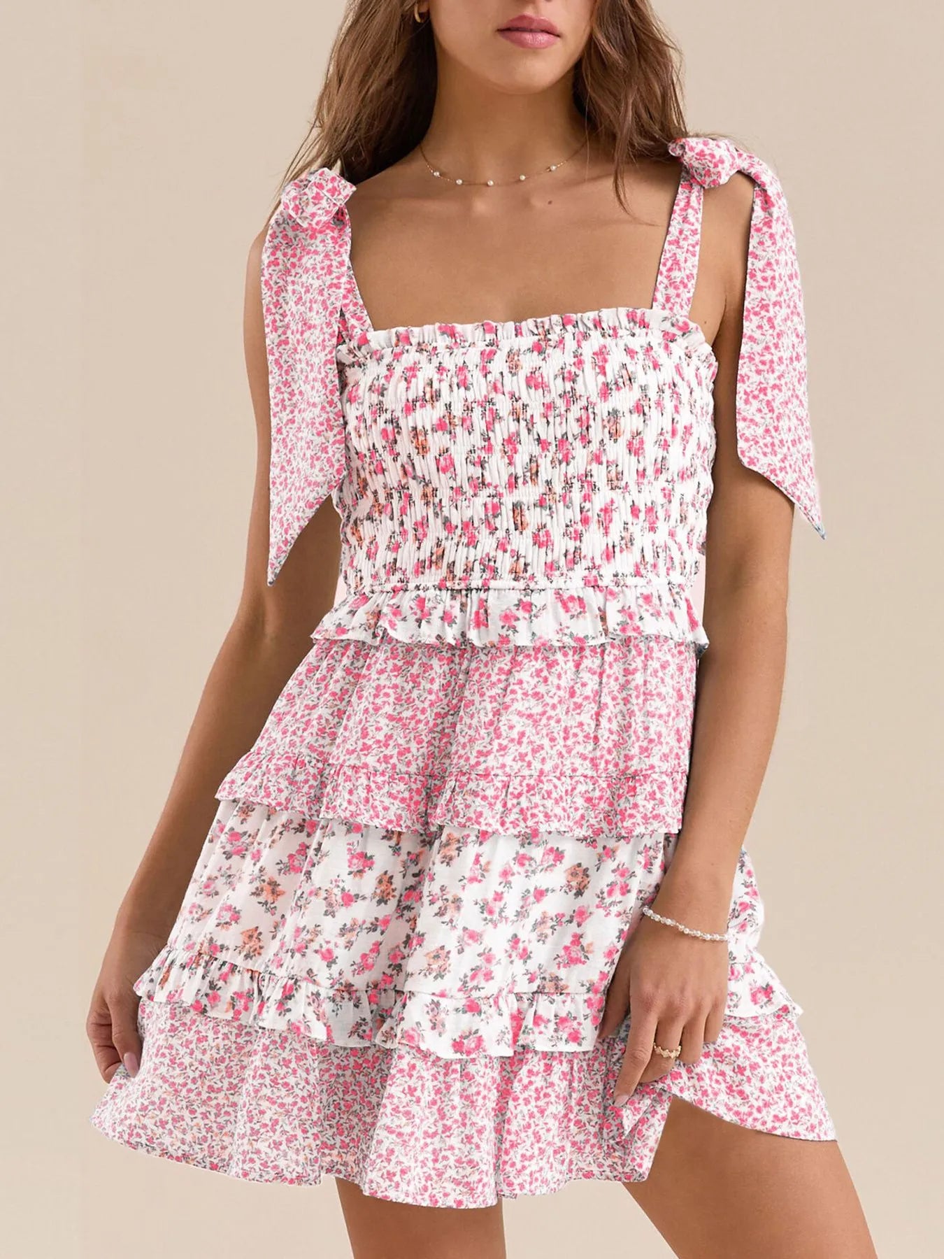 Floral Smocked Tie-Shoulder Summer Dress - Tigbul's Variety Fashion Shop