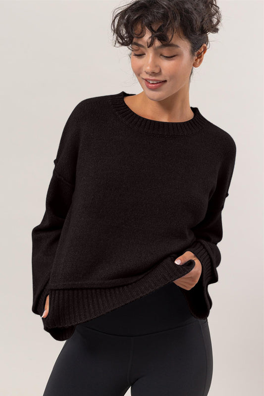 Black Round Neck Dropped Shoulder Ribbed Sweater