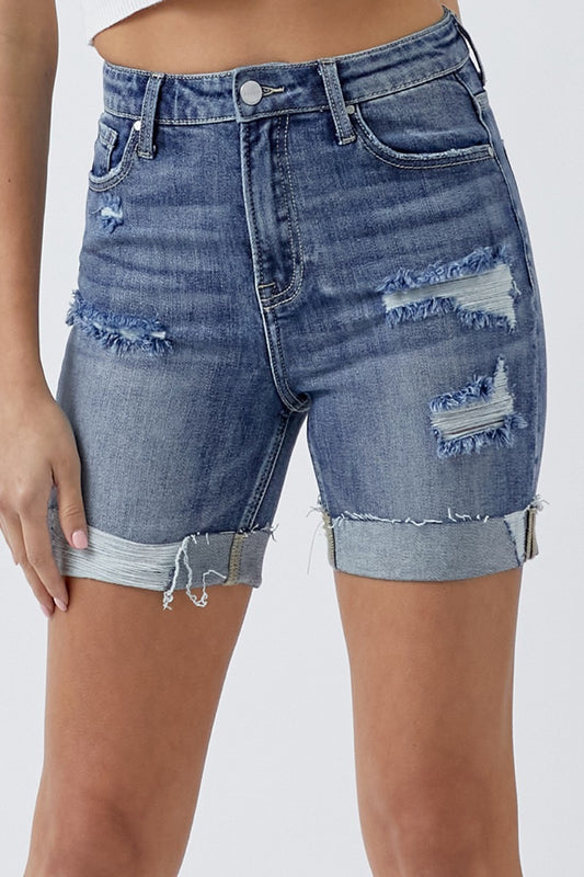 RISEN Full Size Distressed Rolled Denim Shorts with Pockets - Tigbul's Variety Fashion Shop