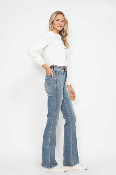 Tummy Control Back Embroidered Pocketed Bootcut Jeans | Tigbuls